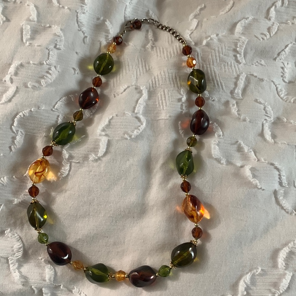 Gold, green, reddish beaded necklace